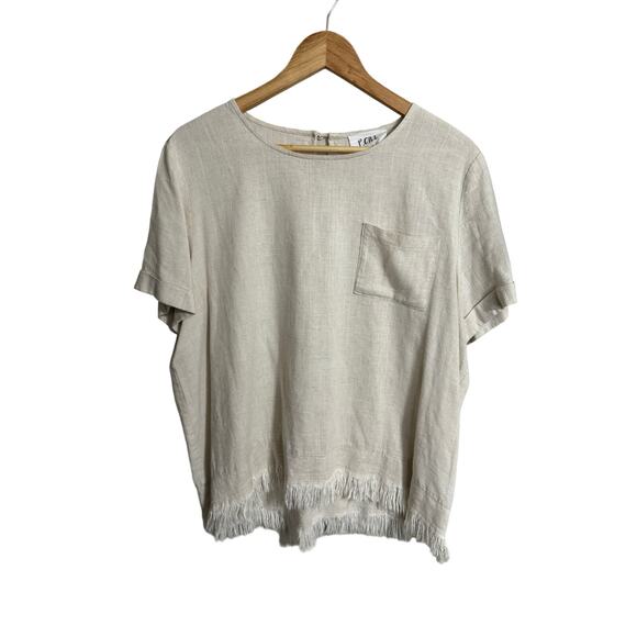 P. Cill Linen Blend Lagen Look Neutral Boho Fringe Boxy Blouse Large - Picture 1 of 4